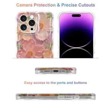 Jusy Oil Painting Flower Compatible with iPhone 15 Pro Case, Colorful Retro Floral Cute Curly Wave Frame Women Girls Cover for Apple 15 Pro (Pink)