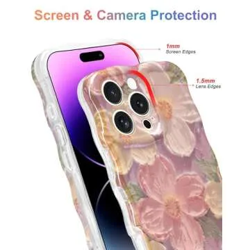 Jusy Oil Painting Flower Compatible with iPhone 15 Pro Case, Colorful Retro Floral Cute Curly Wave Frame Women Girls Cover for Apple 15 Pro (Pink)