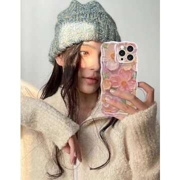 Jusy Oil Painting Flower Compatible with iPhone 15 Pro Case, Colorful Retro Floral Cute Curly Wave Frame Women Girls Cover for Apple 15 Pro (Pink)