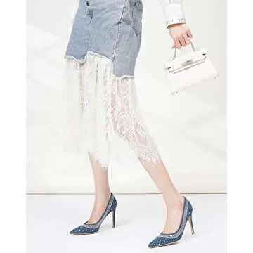 EBYNUE Women's Pumps Sexy Rhinestone High Heels 4 inch Pointed Closed Toe Stiletto Heel Evening Party Wedding Comfortable Dress Shoes Blue Denim