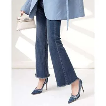 EBYNUE Women's Pumps Sexy Rhinestone High Heels 4 inch Pointed Closed Toe Stiletto Heel Evening Party Wedding Comfortable Dress Shoes Blue Denim