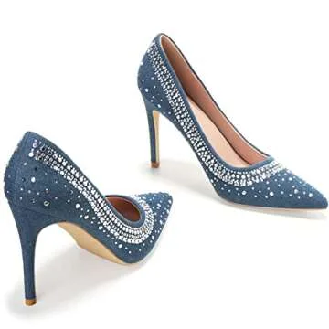 EBYNUE Women's Pumps Sexy Rhinestone High Heels 4 inch Pointed Closed Toe Stiletto Heel Evening Party Wedding Comfortable Dress Shoes Blue Denim