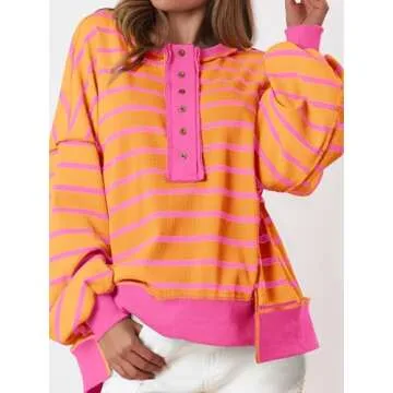 PRETTYGARDEN Womens Fall 2024 Striped Oversized Sweatshirt Long Sleeve Button Up Henley Neck Waffle ...