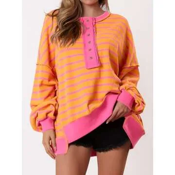PRETTYGARDEN Womens Fall 2024 Striped Oversized Sweatshirt Long Sleeve Button Up Henley Neck Waffle Knit Pullover Tunic Tops(Striped Yellow Pink,Small)