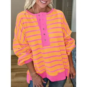 PRETTYGARDEN Womens Fall 2024 Striped Oversized Sweatshirt Long Sleeve Button Up Henley Neck Waffle Knit Pullover Tunic Tops(Striped Yellow Pink,Small)