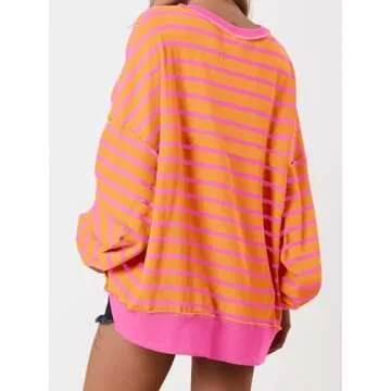 PRETTYGARDEN Womens Fall 2024 Striped Oversized Sweatshirt Long Sleeve Button Up Henley Neck Waffle Knit Pullover Tunic Tops(Striped Yellow Pink,Small)