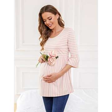 Ecavus Women's Casual Maternity Tops - Soft Striped Peplum 3/4 Ruffle Sleeve Shirt