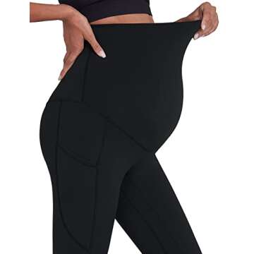 Enerful Women's Maternity Workout Leggings Over The Belly Pregnancy Active Wear Athletic Yoga Pants with Pockets Black Medium