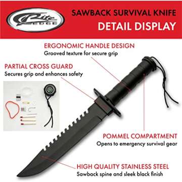 SZCO 14” Black Steel Sawback Knife with Compass, Outdoor Machete with Stainless Steel Blade, Leath...