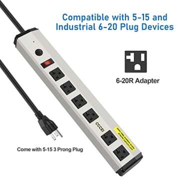 CCCEI Heavy Duty Power Strip Surge Protector 20 Amp, High Amp Industrial Shop Garage Metal Multiple Outlets, 10 FT 12 Gauge 5-15P Extension Cord 6 Outlet 6-20R T-Slot 20a for Appliance.