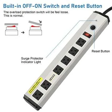 CCCEI Heavy Duty Power Strip Surge Protector 20 Amp, High Amp Industrial Shop Garage Metal Multiple Outlets, 10 FT 12 Gauge 5-15P Extension Cord 6 Outlet 6-20R T-Slot 20a for Appliance.