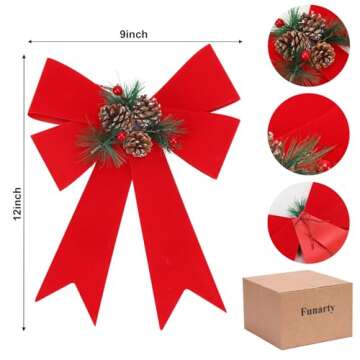 Funarty Red Velvet Christmas Bows 12 Pack Large Waterproof Premade Holiday Decorative Bows with Pine...