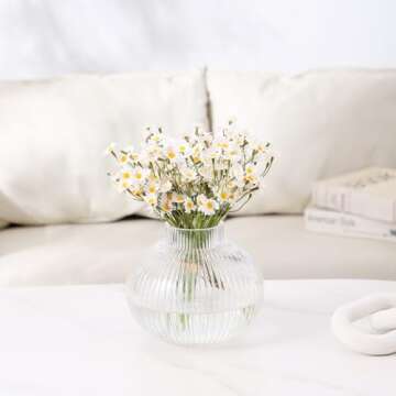 YANWE1 Round Glass Vase, Flower Vase for Bouquet, Ribbed Glass Vase, Fluted Vase, Clear Glass Vase for Tulips, Modern Glass Vase for Living Room, Office, Coffee Table, Shelf, Wedding, 6 Inches