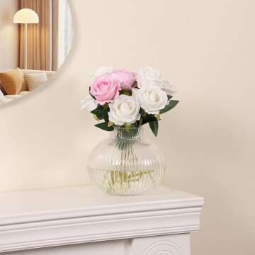 YANWE1 Round Glass Vase, Flower Vase for Bouquet, Ribbed Glass Vase, Fluted Vase, Clear Glass Vase for Tulips, Modern Glass Vase for Living Room, Office, Coffee Table, Shelf, Wedding, 6 Inches