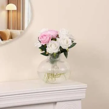 YANWE1 Round Glass Vase, Flower Vase for Bouquet, Ribbed Glass Vase, Fluted Vase, Clear Glass Vase for Tulips, Modern Glass Vase for Living Room, Office, Coffee Table, Shelf, Wedding, 6 Inches