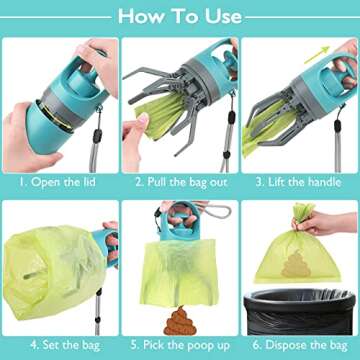petizer Portable Dog Poop Scooper, Sanitary Dog Waste Picker Upper with Bag Dispenser, Convenient Pet Waste Cleaner for Dog Walkers, Attachable to Dog Leash, Harness or Waist, with 15 Bags Attachment
