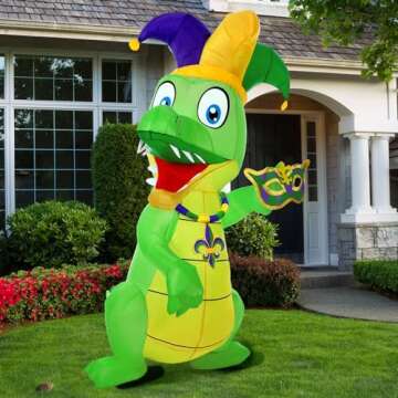 Shappy 6 ft Huge Mardi Gras Inflatable Decoration Inflatable Alligator with Crown Necklace Built in ...
