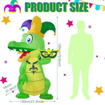 Shappy 6 ft Huge Mardi Gras Inflatable Decoration Inflatable Alligator with Crown Necklace Built in LED Lights Blow up Alligator for Mardi Gras Yard Garden Outdoor Decoration(Alligator,6 ft)