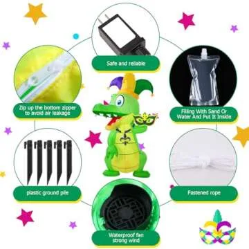 Shappy 6 ft Huge Mardi Gras Inflatable Decoration Inflatable Alligator with Crown Necklace Built in LED Lights Blow up Alligator for Mardi Gras Yard Garden Outdoor Decoration(Alligator,6 ft)