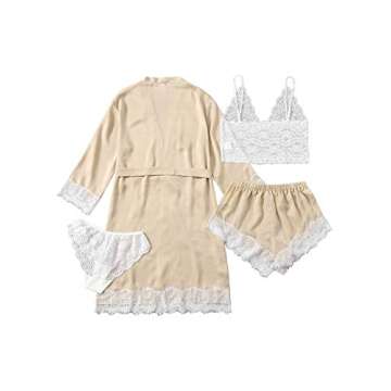 WDIRARA Women's Silk Satin Pajamas Set 4pcs Lingerie Floral Lace Cami Sleepwear with Robe Champagne ...