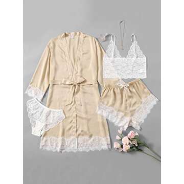Silk Satin Pajamas Set 4pcs Floral Lace Lingerie for Women