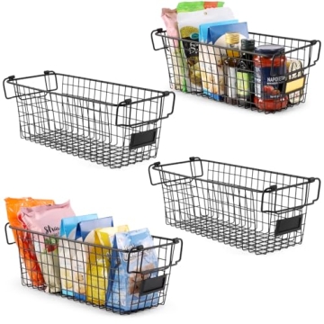4 Pack XL Large Stackable Wire Baskets for Organizing - Stylish Metal Bins for Pantry, Kitchen, Clos...