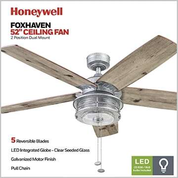 Honeywell Foxhaven Farmhouse Ceiling Fan: Stylish 52 Inch Indoor/Outdoor Fan with Light and Dual Mou...