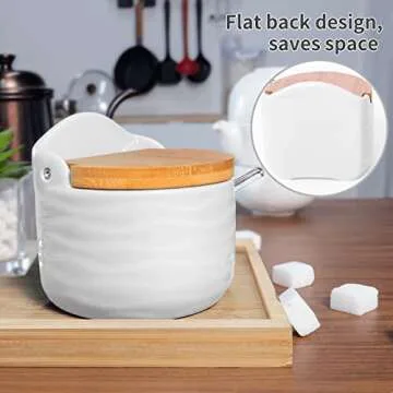 77L Sugar Bowl, Ceramic Sugar Bowl with Sugar Spoon and Bamboo Lid for Home and Kitchen - Modern Design, White, 8.58 FL OZ (254 ML)