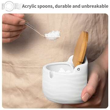 77L Sugar Bowl, Ceramic Sugar Bowl with Sugar Spoon and Bamboo Lid for Home and Kitchen - Modern Design, White, 8.58 FL OZ (254 ML)