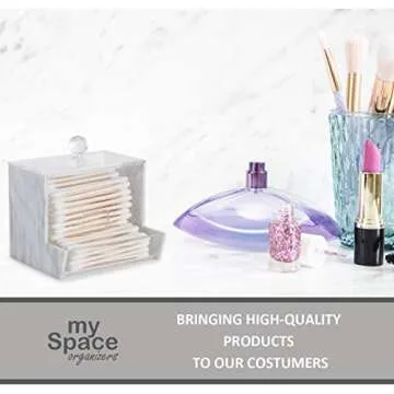Marble Acrylic Qtip Holder - Qtip Brand Cotton Swab Dispenser, Modern Bathroom Decor Organizer for Countertop Vanity Storage (White Marble)