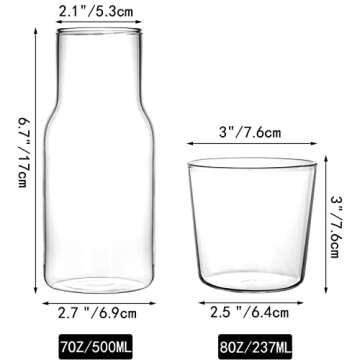 YOUEON 4 Pcs 17 Oz Bedside Water Carafe and Glass Set, Water Carafe with Glass Cup for Nightstand, G...