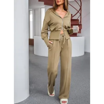 Herseas 2 Piece Teacher Outfits for Women Gym Wear Crop Top Long Sleeve Zip Up with Wide Leg Sweatpants Matching Suit Going Out Sets Beige Large 12 14