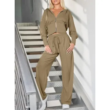 Herseas 2 Piece Teacher Outfits for Women Gym Wear Crop Top Long Sleeve Zip Up with Wide Leg Sweatpants Matching Suit Going Out Sets Beige Large 12 14