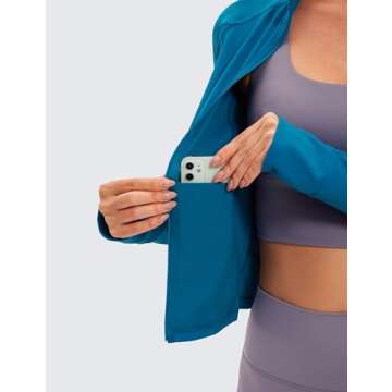 CRZ YOGA Butterluxe Womens Cropped Slim Fit Workout Jacket Weightless Track Athletic Full Zip Up Tops with Thumb Holes Super-sonic Blue Medium