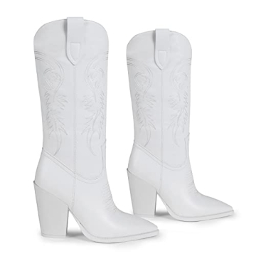ISNOM White Cowgirl Boots Comfortable Versatile Western