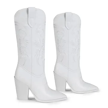 ISNOM White Cowgirl Boots Comfortable Versatile Western