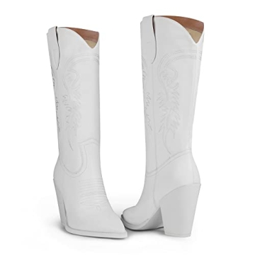 ISNOM White Cowgirl Boots Comfortable Versatile Western