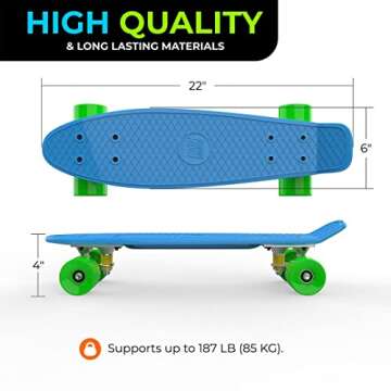 High Bounce Skateboard 22-inch Complete - Retro Mini Cruiser for Kids Boys Girls, ABEC 7 Bearings an...