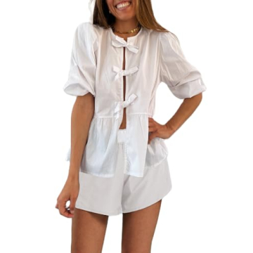 ROAONOCOMO Women Y2K Tie Front 2 Piece Shorts Set Plaid Puff Sleeve Peplum Shirt Ruffle Hem Pajama S...