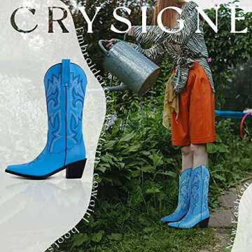 CRYSIGNE Women Vintage Embroidered Mid Calf Cowboy Cowgirl Boots Ladies Snip Toe Pull On Chunky Heel Western Boots