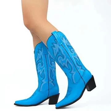 CRYSIGNE Women Vintage Embroidered Mid Calf Cowboy Cowgirl Boots Ladies Snip Toe Pull On Chunky Heel Western Boots