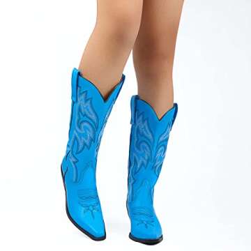 CRYSIGNE Women Vintage Embroidered Mid Calf Cowboy Cowgirl Boots Ladies Snip Toe Pull On Chunky Heel Western Boots