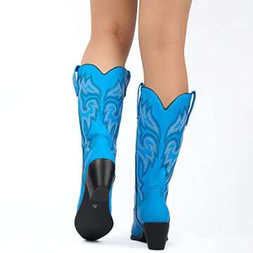 CRYSIGNE Women Vintage Embroidered Mid Calf Cowboy Cowgirl Boots Ladies Snip Toe Pull On Chunky Heel Western Boots