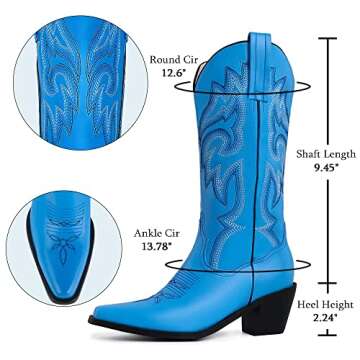 CRYSIGNE Women Vintage Embroidered Mid Calf Cowboy Cowgirl Boots Ladies Snip Toe Pull On Chunky Heel Western Boots