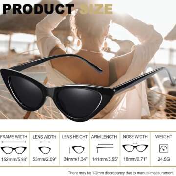 Joopin Polarized Black Cat Eye Sunglasses for Women, Retro Narrow Pointy Cateye Womens Sun Glasses UV Protection, Designer Dark Shades