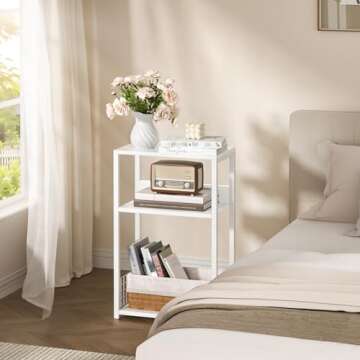 LELELINKY White Side Table,Small Printer Stand with Storage Shelf,3 Tier Industrial Bedside Tables,Vinyl Record Player Stand,Modern Sofa Night Stands for Living Room Bedroom Office Small Spaces
