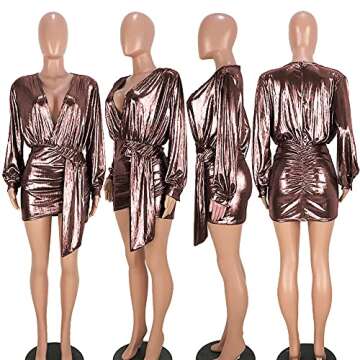 Ophestin Womens Sexy Deep V Neck Metallic Glitter Ruched Long Sleeve Party Dress Rose Gold Size XL