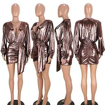 Ophestin Womens Sexy Deep V Neck Metallic Glitter Ruched Long Sleeve Party Dress Rose Gold Size XL