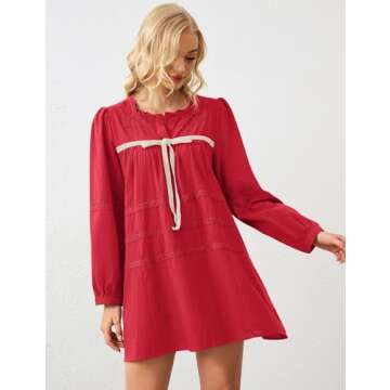 Burtell Women Flowy Long Puff Sleeve Mini Dress Casual Square Neck Lace Embroidered Babydoll Dress B...