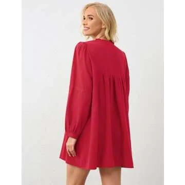 Burtell Women Flowy Long Puff Sleeve Mini Dress Casual Square Neck Lace Embroidered Babydoll Dress Bow Tie A-line Tunic Dress